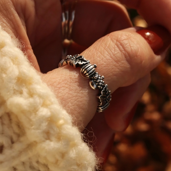 Dixi Autumn Is Calling Pumpkin & Acorn Boho Wreath Ring Sterling Silver - Picture 7 of 12